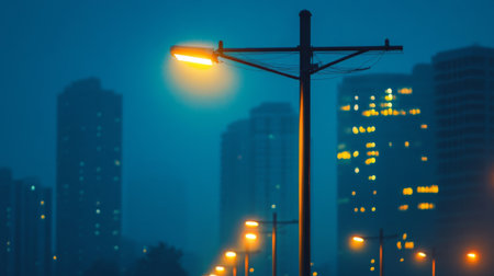 A modern electric pole with LED street lights in an urban setting, showcasing its design and illumination against the backdrop of city buildings.の素材