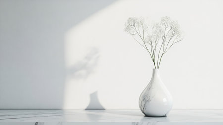 A minimalistic marble vase with a single tall stem flower, placed on a sleek, contemporary desk, highlighting the vase's elegant simplicity.の素材
