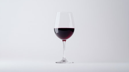 A minimalist shot of a transparent wine glass half-filled with red wine, placed on a white background, emphasizing elegance and sophistication.の素材