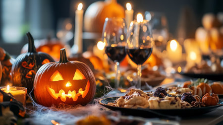 A close-up of a Halloween-themed table setting with jack-o'-lantern candles, cobweb decorations, and spooky snacks, perfect for a festive partyの素材