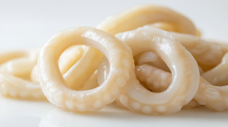 A close-up of a pile of raw calamari rings, showcasing their smooth, glossy texture and delicate nature on a white backgroundの素材