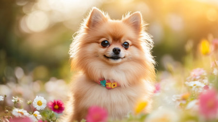 A close-up of a small dog with a fluffy coat, adorned with a colorful collar or bow, sitting in a field of flowers, highlighting its cuteness and charm.の素材
