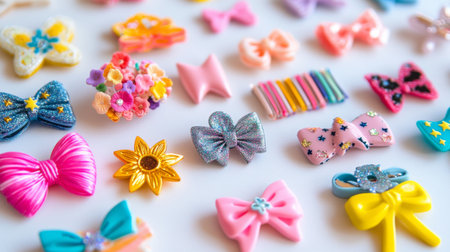 A close-up of a colorful collection of cute hair clips, featuring various fun designs like bows, flowers, and stars, arranged neatly on a white background.の素材