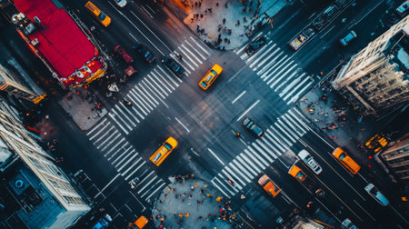 A busy city intersection with heavy traffic, featuring multiple vehicles and traffic lights, capturing the dynamic flow and congestion of urban transportation.の素材