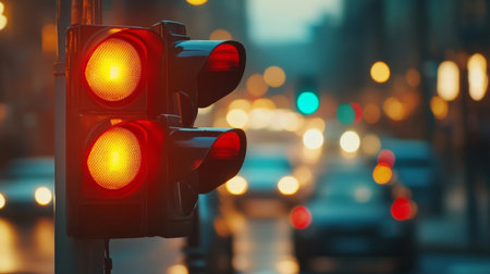 A close-up of a traffic light changing colors with cars waiting at a red light, highlighting the role of traffic signals in managing road flow.の素材