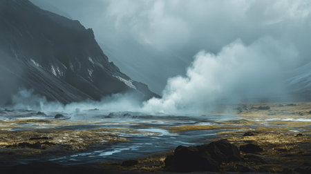 A beautiful landscape with steam rising from a geothermal area, showcasing the natural wonder and ethereal mist in a volcanic setting.の素材