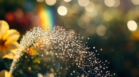 A close-up of a rainbow formed by a garden sprinkler, with droplets of water creating a rainbow effect in the sunlight and adding a playful touch to the scene.の素材