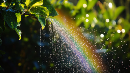 A close-up of a rainbow formed by a garden sprinkler, with droplets of water creating a rainbow effect in the sunlight and adding a playful touch to the scene.の素材