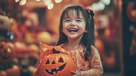 A child in a cute costume, like a pumpkin or a ghost, holding a trick-or-treat bag and smiling brightly against a backdrop of Halloween decorations.の素材