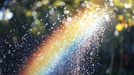 A close-up of a rainbow formed by a garden sprinkler, with droplets of water creating a rainbow effect in the sunlight and adding a playful touch to the scene.の素材