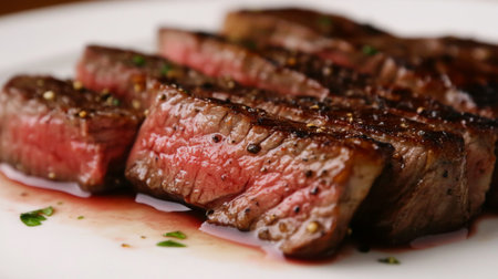 A close-up of a perfectly seasoned steak with a few slices showing the juicy interior, placed on a white plate with minimalistic presentation.の素材