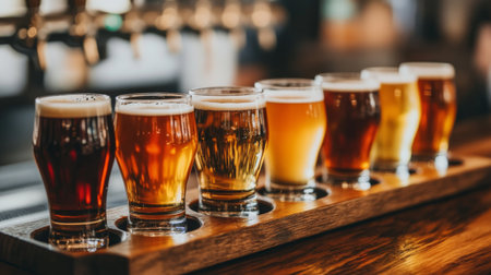 A close-up of a beer flight with several small glasses of different craft beers, showcasing a range of colors and styles on a bar counter or wooden tray.の素材