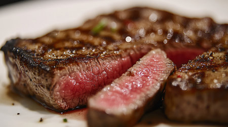 A close-up of a perfectly seasoned steak with a few slices showing the juicy interior, placed on a white plate with minimalistic presentation.の素材