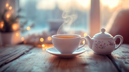 A close-up of a steaming cup of tea with a delicate porcelain teapot beside it, set on a wooden table with a soft, cozy background.の素材