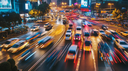 A busy city intersection with heavy traffic, featuring multiple vehicles and traffic lights, capturing the dynamic flow and congestion of urban transportation.の素材