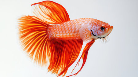 A close-up of a betta fish with its tail fanned out, showing off the delicate textures and vibrant hues against a minimalist white backgroundの素材
