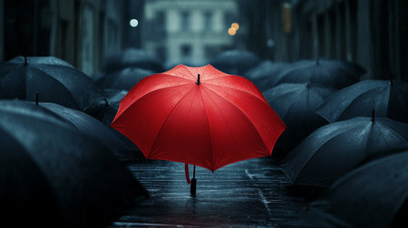 A bright red umbrella standing out among a sea of black umbrellas in a rainy city street, creating a striking contrastの素材