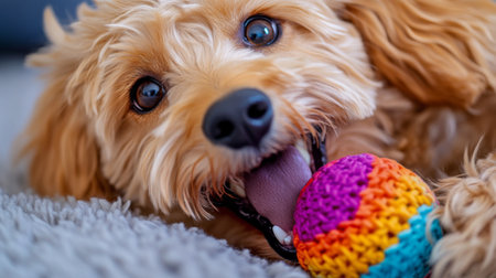 A close-up of a cute dog with a happy expression, playing with a colorful toy, emphasizing its joyful and energetic nature.の素材