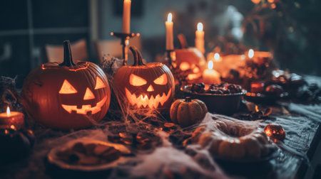A close-up of a Halloween-themed table setting with jack-o'-lantern candles, cobweb decorations, and spooky snacks, perfect for a festive partyの素材
