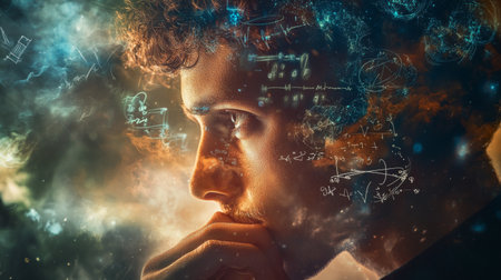 A close-up of a man face with his hand on his chin, deep in thought, with abstract symbols and equations floating around his head.の素材