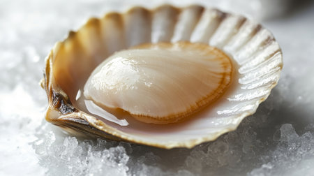 A close-up of a single fresh scallop with a glossy surface, placed on a white background to showcase its delicate texture and natural color.の素材