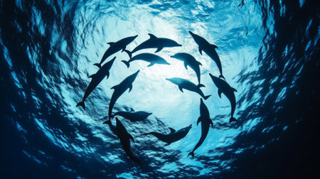 A group of dolphins forming a circle and diving together, with their silhouettes visible against the bright blue backdrop of the oceanの素材