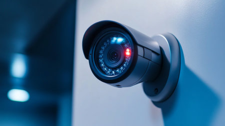 A close-up shot of a modern CCTV camera mounted on a white wall, with the lens and infrared lights clearly visible, capturing the essence of security and surveillance.の素材