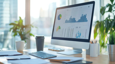 A modern office desk with a computer screen displaying detailed financial graphs and charts, surrounded by documents and a cup of coffee, illustrating a work environment.の素材