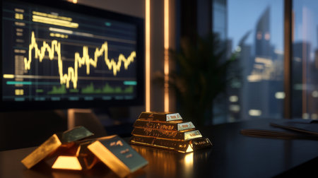 A modern office setting with gold bars on a desk and a digital screen displaying a financial graph of gold prices, illustrating investment analysis.の素材