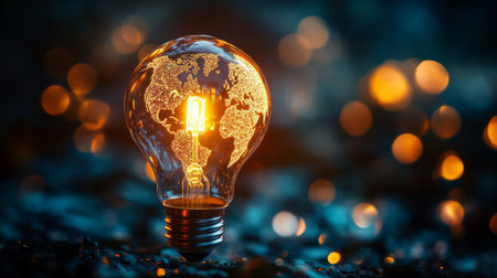 A light bulb shaped like a world map, representing global innovation and the idea of brightening the world with new ideas.の素材