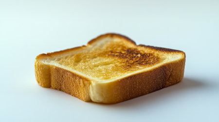 A macro shot of a buttered slice of toast with golden-brown edges, set on a white background, capturing the simplicity and comfort of a classic breakfast.の素材