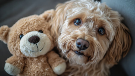 A high-resolution shot of a fluffy dog with a teddy bear toy, looking up with a sweet, curious gaze and its fur looking extra soft and cuddly.の素材