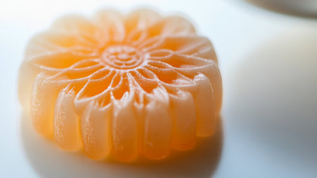 A close-up of a hard candy with a unique, intricate design, sitting on a white surface, emphasizing the craftsmanship and detail of the candy.の素材