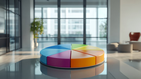 A 3D pie chart with color-coded segments and percentage labels, displayed in a modern office setting to illustrate business or financial dataの素材