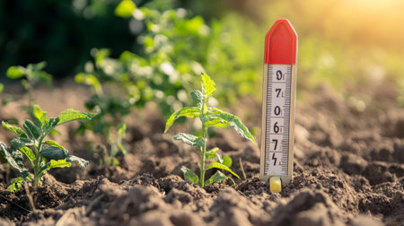 A close-up of a thermometer showing extreme high temperatures, with a background of wilting plants and dry soil, highlighting the effects of rising global temperatures.の素材