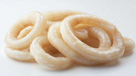 A close-up of a pile of raw calamari rings, showcasing their smooth, glossy texture and delicate nature on a white backgroundの素材