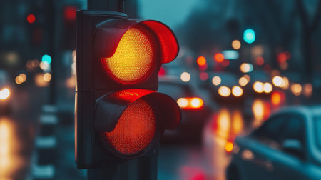 A close-up of a traffic light changing colors with cars waiting at a red light, highlighting the role of traffic signals in managing road flow.の素材