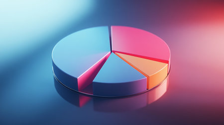A 3D pie chart with shadow effects and depth, placed on a reflective surface to enhance the visual appeal and data representation.の素材