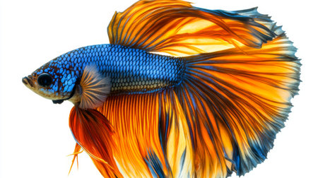 A close-up shot of a vibrant betta fish with flowing fins and a colorful tail, set against a clean, white background to highlight its striking details.の素材