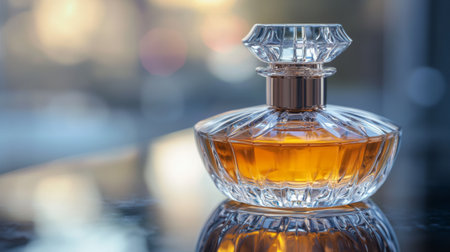 A detailed image of a perfume bottle with a crystal-clear liquid and a beautifully designed stopper, emphasizing the clarity and refinement of the fragrance.の素材