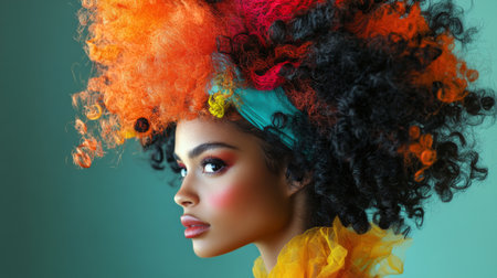 A creative shot of a woman hair styled in playful, voluminous curls with a vibrant headband or accessory, adding a fun and dynamic touch to the look.の素材