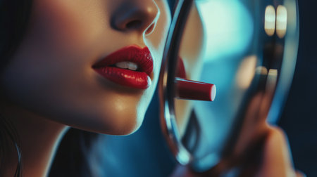 A close-up of a woman applying lipstick in front of a mirror, capturing the precision and focus on her beautifully made-up face.の素材