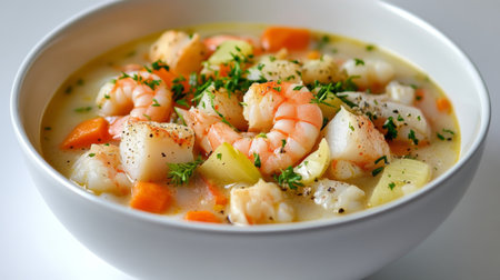 A detailed image of a bowl of seafood chowder, with chunks of fish, shrimp, and vegetables, set against a white background for a clean presentation.の素材
