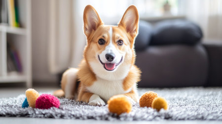 A cute dog sitting on a soft, plush rug with a few chew toys scattered around, showcasing its playful side and cozy environment.の素材
