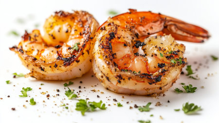 A detailed shot of a pair of grilled shrimp with a sprinkle of herbs, placed on a white background to emphasize the juicy texture and grill marks.の素材