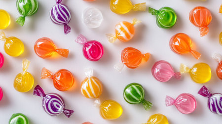 A close-up of colorful, individually wrapped hard candies scattered on a white surface, showcasing a variety of vibrant colors and patterns.の素材