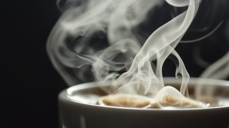 A close-up of steam rising from a hot cup of coffee, creating delicate swirls against a dark background, capturing the warmth and aroma of the beverage.の素材