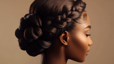 A close-up of a woman elegant updo hairstyle with intricate braids and curls, showcasing the detailed styling and refined look against a simple background.の素材