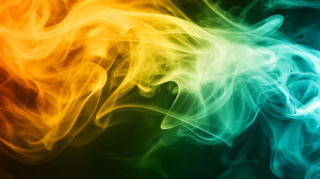 A colorful abstract background featuring green and yellow cigarette smoke weaving through the air, creating an energetic and vibrant atmosphere.の素材