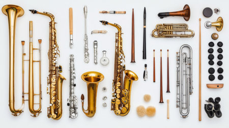 A collection of various musical instruments, including a saxophone, trumpet, and drumsticks, arranged neatly on a white background to showcase their unique features.の素材